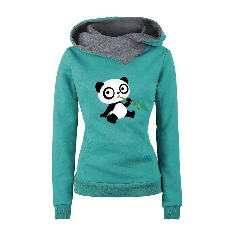 Cartoon Panda Printing Spring Autumn Women's Hoodies Turtleneck Two-color Cap Casual Female Hooded Sweatshirt S-3XL