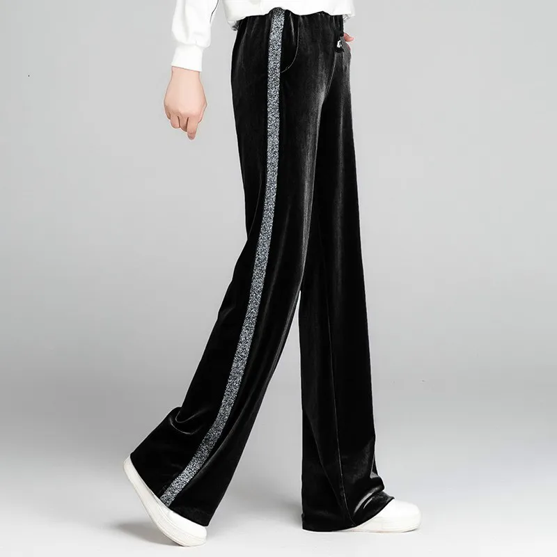 Черные бархатные широкие брюки повседневные с высокой эластичной талией женские