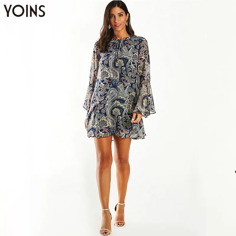 Женское платье с цветочным принтом YOINS винтажное мини длинными рукавами и