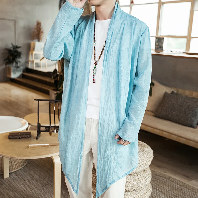 Thin Chinese Summer Style Cotton Sunscreen Windbreaker Japanese Retro Large Size Cardigan Thin Coat Trench Jacket Male Pink Blue