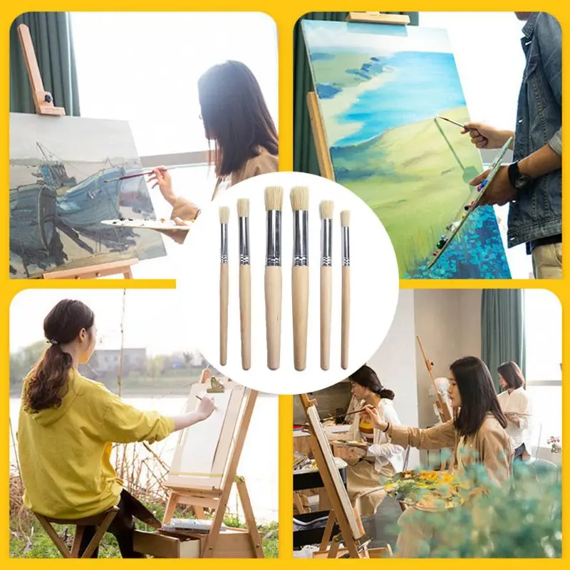 

6pcs/set Watercolor Painting Stencil Brush Different Size Wooden Handle Kids Student Professional Art Supplies