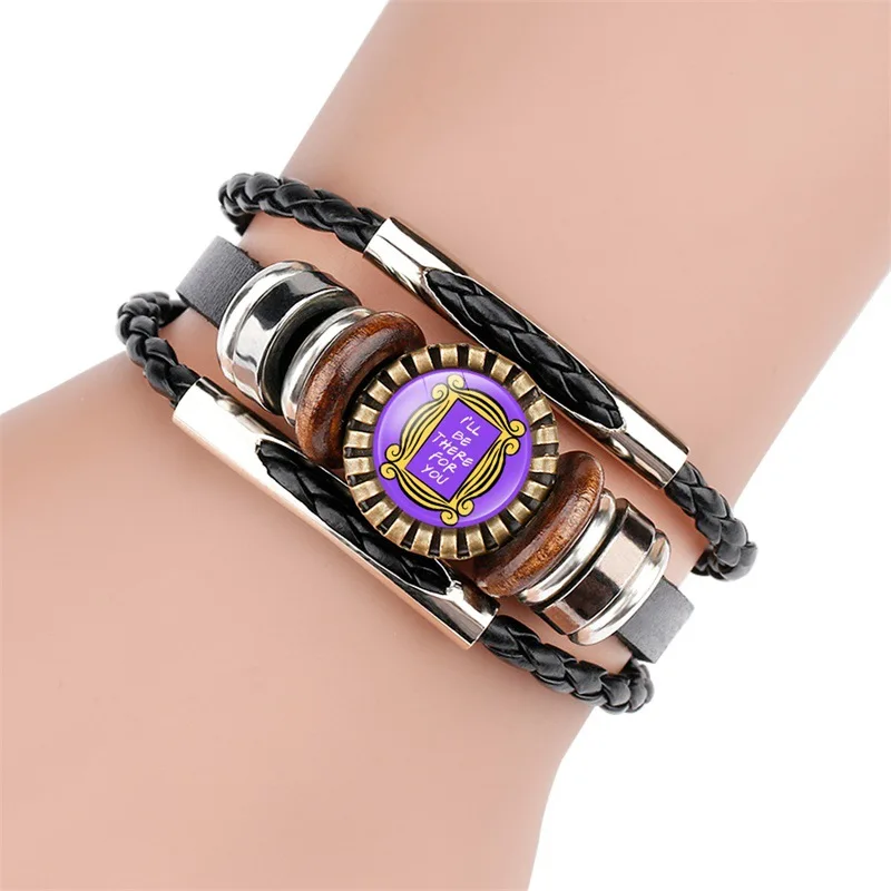 

America TV Friends Show Black Leather Bracelet 20mm Glass Cabochon Adjustable Bangle Jewelry Christmas Gifts for Best Friends