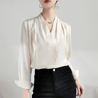 womens simple commuter long sleeve blouse loose solid color v neck pullover shirt top new in spring and summer 2022