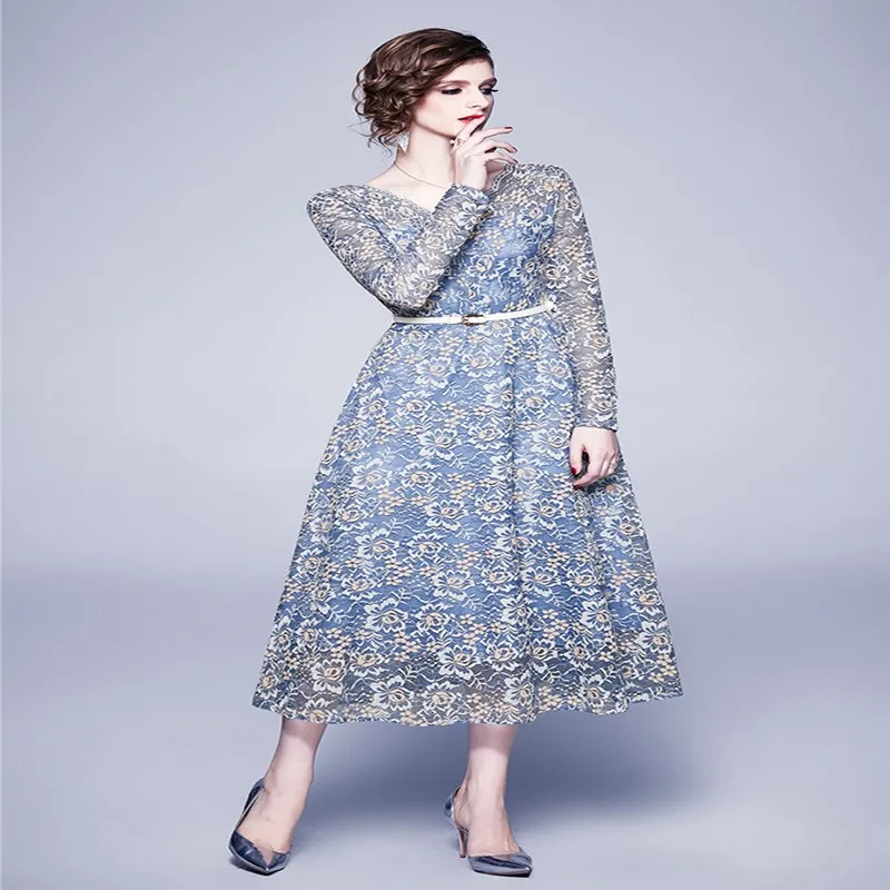 Женское ажурное платье элегантное винтажное кружевное с широкой юбкой весна 2019 |