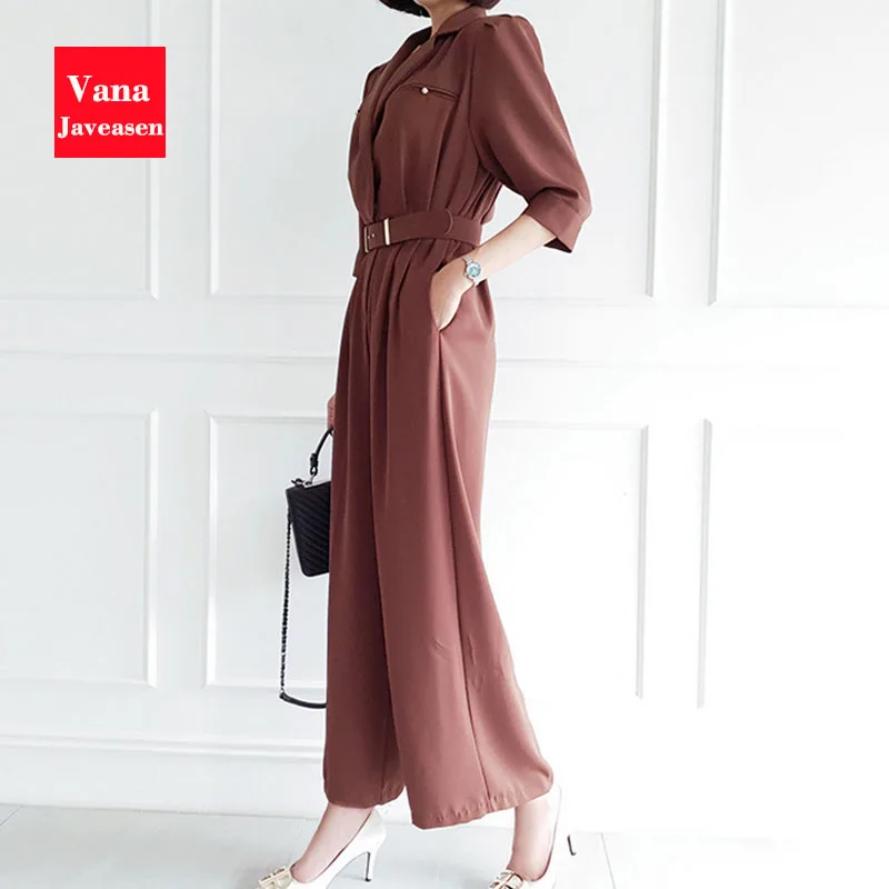 Женский офисный комбинезон с пятью точками коричневый Облегающий широкими