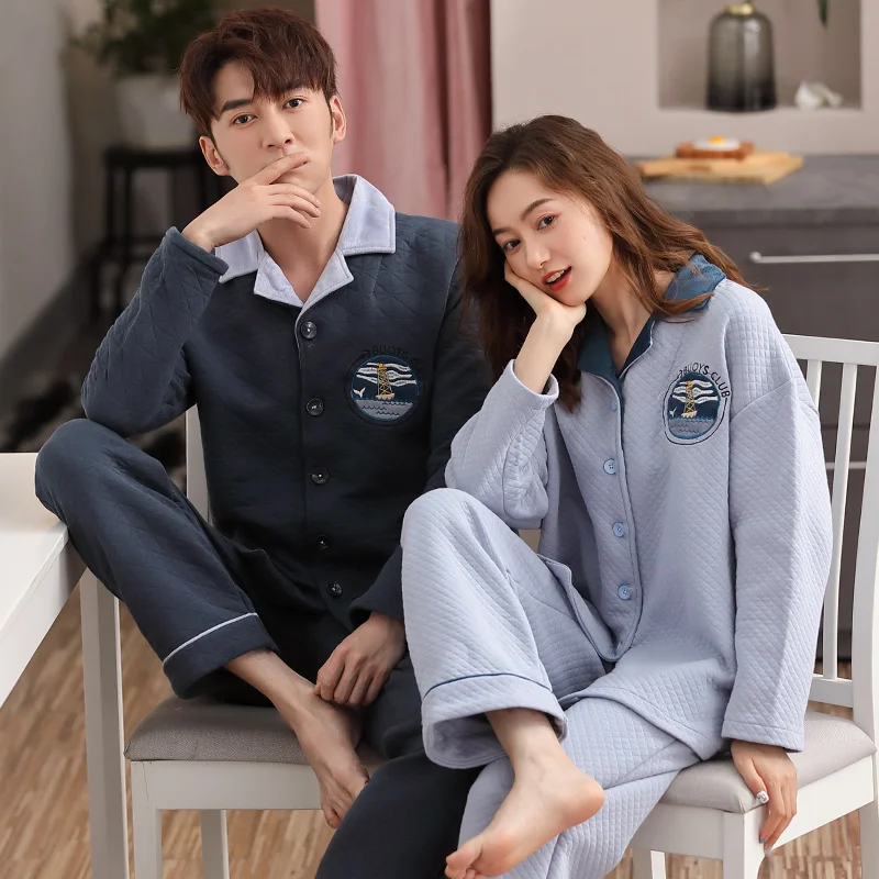 

A Set Winter Pure Cotton Air Cotton Interlayer Pajamas Turn-down Collar Button-Down Pajama Couples Lovers Pajamas Warm comfy