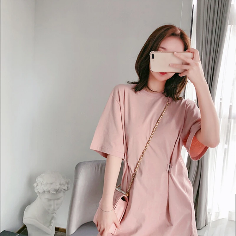 Женская футболка платье с коротким рукавом мешковатые Платья Круглый вырез