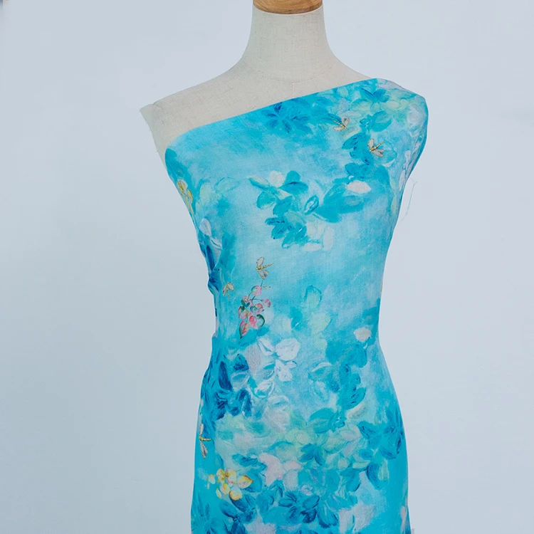 

High quality natural pure ramie fabric Dragonflies and flower printing patchwork High end designer robe shirt dress sewing
