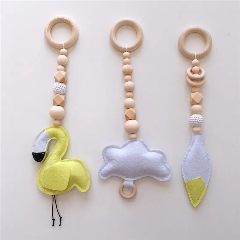 Nursery Wooden Beads Beads Wall Ornaments With Felt Feather Cactus Tent Hanging Pendant Baby Rattle Stroller Play Gym Toy Decor