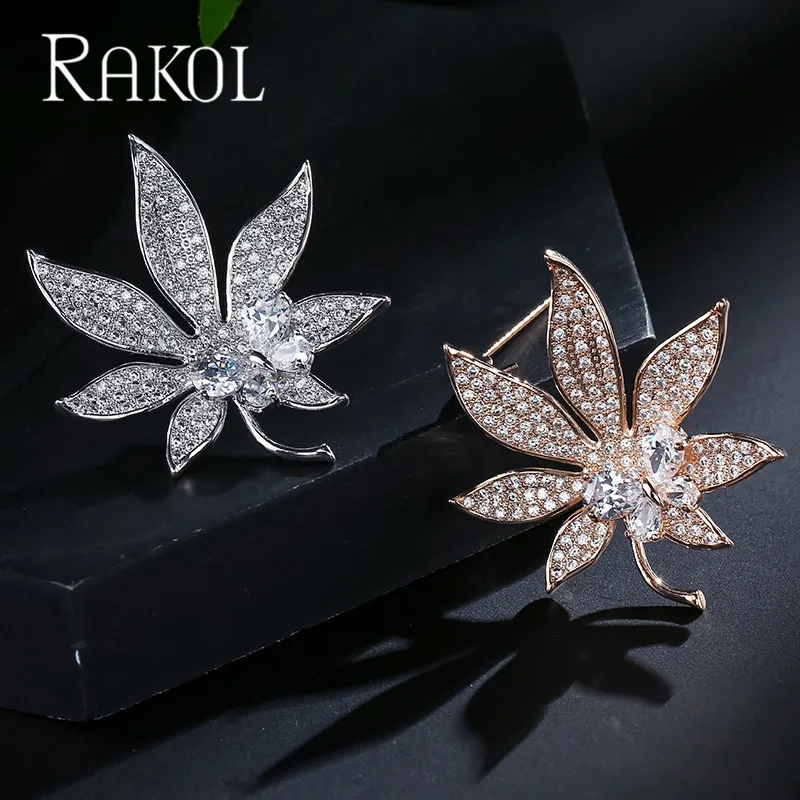 RAKOL Новая роскошная блестящая брошь в виде листа из кубического циркония ААА для