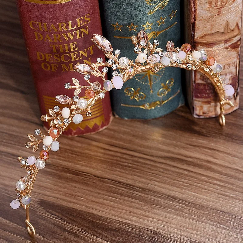 Baroque Rhinestone Pink Crystal Beads Bride Crown Tiara Wedding Bridal Diadem Headpiece Hair Accessories Jewelry | Украшения и
