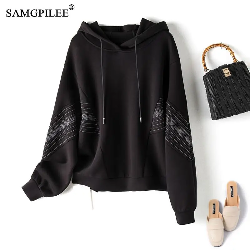 

Женский свитер с капюшоном SAMGPILEE, черный пуловер в стиле Харадзюку с рукавом летучая мышь и боковой цепочкой, Корейские осенние женские толс...