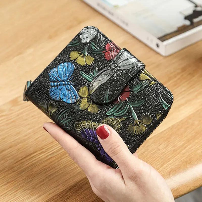 Dragonfly Двухслойный женский кошелек из натуральной кожи с животным принтом, мини-кошелек для клатча, винтажный женский кошелек на молнии с карманом для монет, кожаный держатель для ID карты - Цвет: Dragonfly