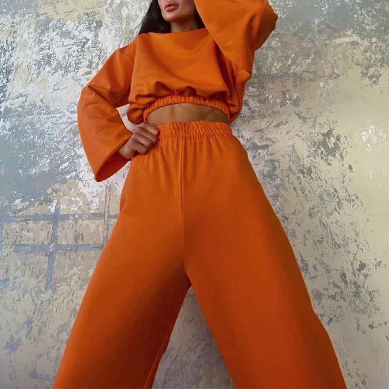 

Solid Women's O-neck Pullovers Two Piece Set 2021 Autumn Long Sleeve Tunic Sweatshirt Split Wide Leg Pant Set Female Casual Suit
