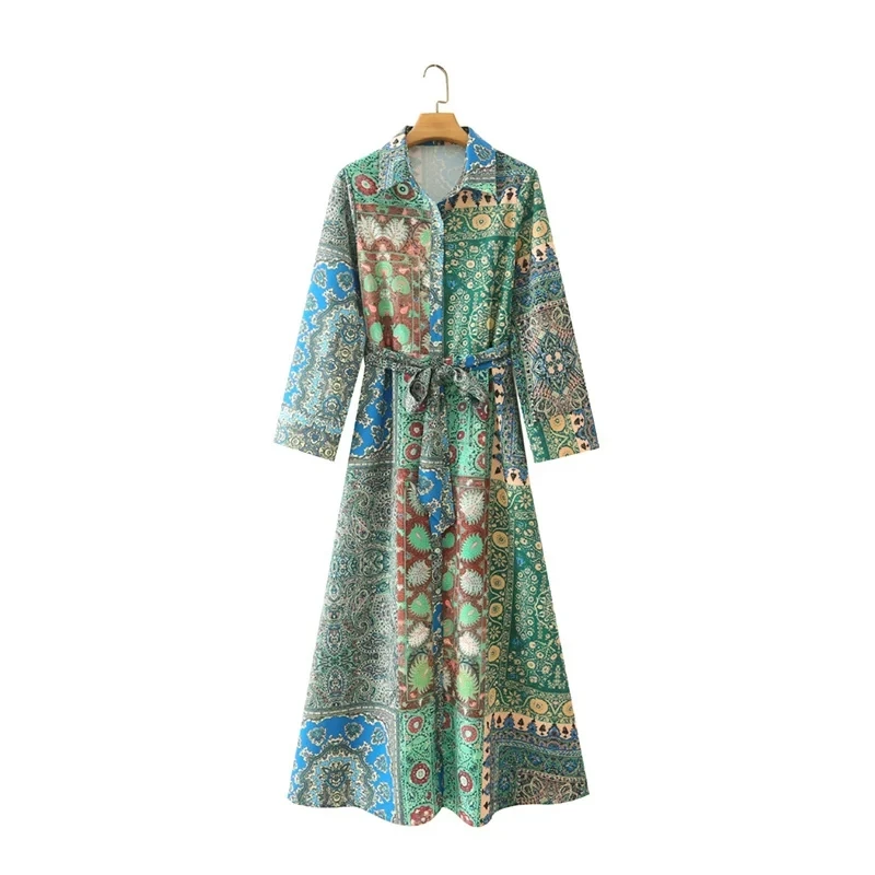 

Hot Sale Women Patchwork Print Sashes Midi Shirt Dress Female Nine Quarter Sleeve Clothes Casual Lady Loose Vestido D8588