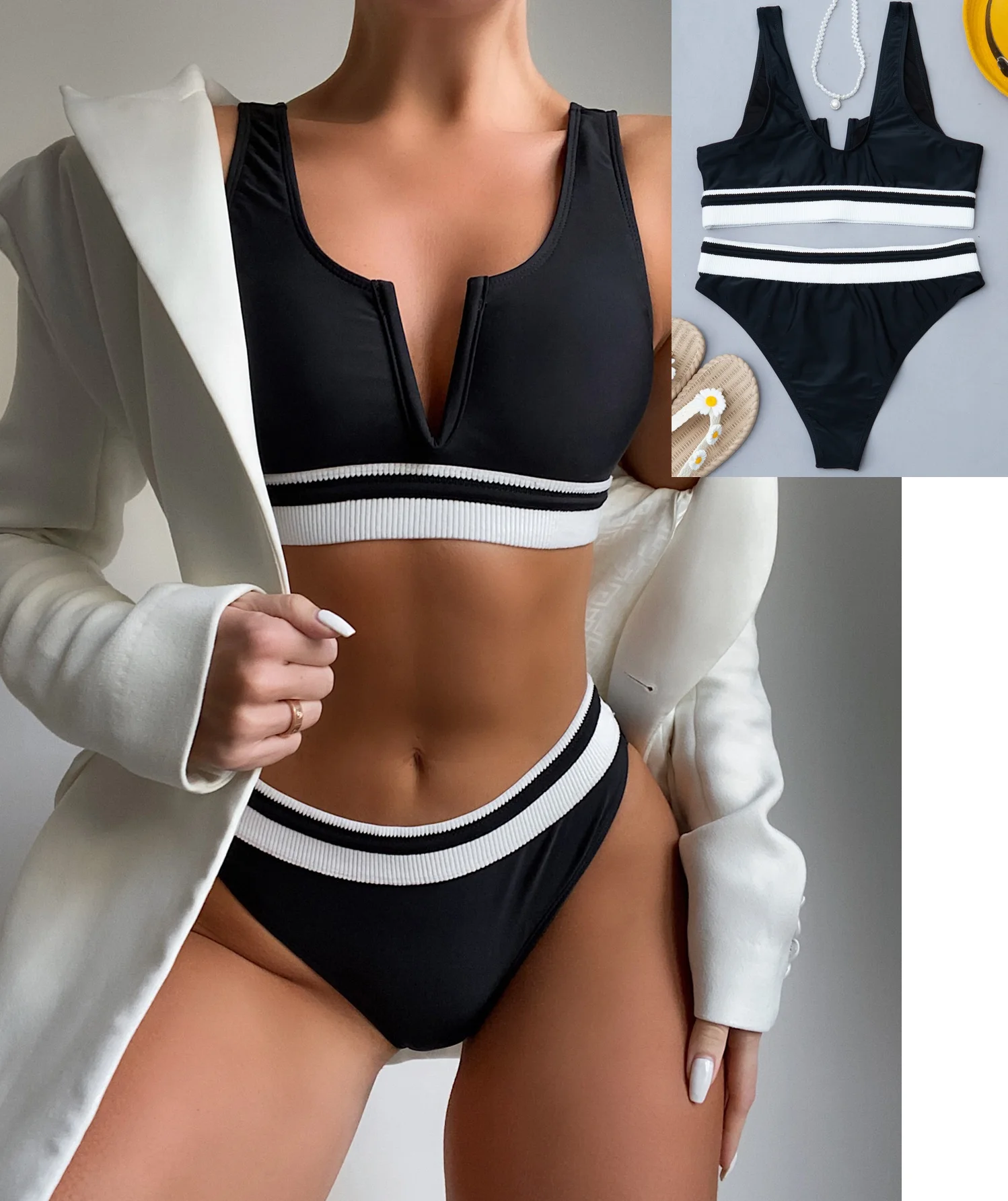 

Sexy Women Casual Two-piece Swimwear Set, Black V-neck Sleeveless Swimming Tops and Shorts, S/ M/ L