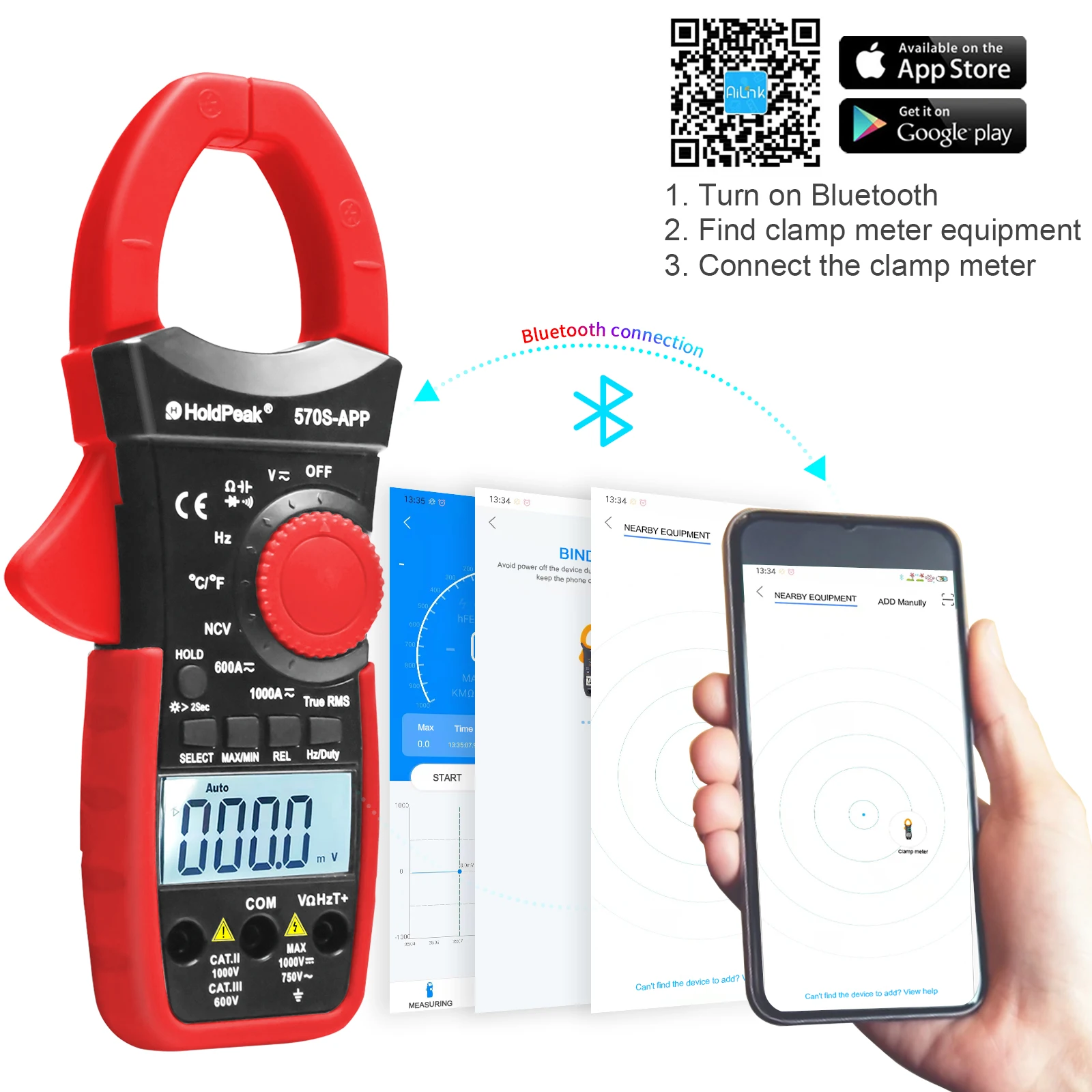 BTMETER BT-570S-APP Digital Meter 6000 counts Wireless Bluetooth 1000A Meter for AC/DC Voltage Current Ohm Temperature Tester