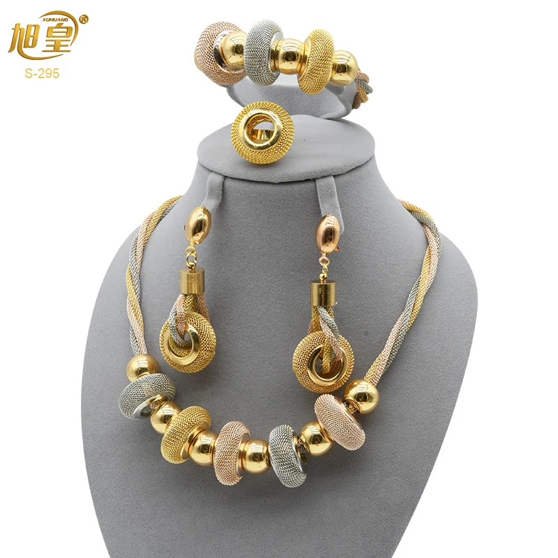 

XUHUANG African Gold Colorful Jewellery Set Nigerian Bridal Wedding Necklace Earring Ring Set Indian Beads Bracelet Jewelry Gift