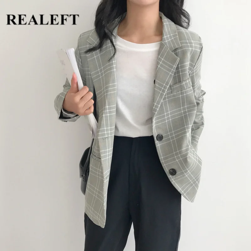 REALEFT 2019 Осенняя Женская куртка с длинными рукавами модное клетчатое пальто