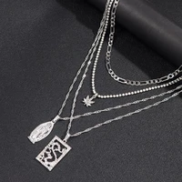 flatfoosie vintage portrait dragon pendant necklace for women multi layer silver color maple leaf crystal chain necklace jewelry