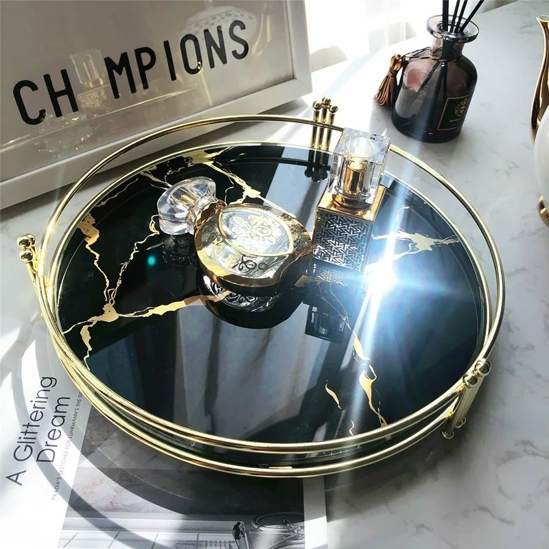 

European Marbled Tempered Glass Mirror Tray Cosmetics Jewelry Cup Storage Tray Living Room Coffee Table Desktop Home Decoration