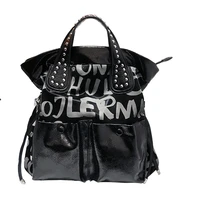 high quality microfiber leather rivet women handbag tote bag casual letter print black female messenger satchels