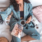 Женский драпированный брючный костюм-кимоно из 2 предметов с принтом в стиле ретро, свободный костюм-кимоно с синим принтом, костюм для отдыха с широкими штанами