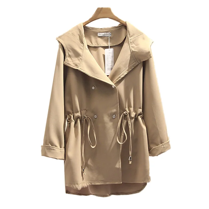 

NEW 2020 Oversized Women's Trench Coat Spring Autumn Hooded Drawstring Casual Coat Double Breasted Windbreaker Outwear Tooling