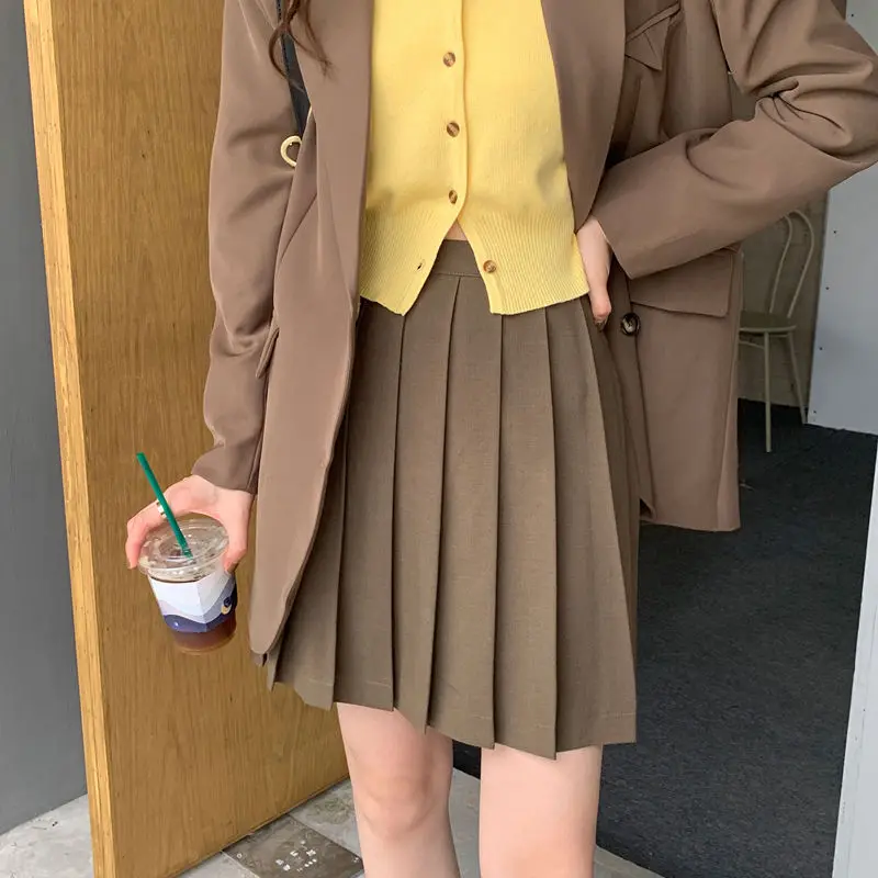 

HOUZHOU Vintage Brown Pleated Skirt Women Autumn Preppy Style High Waisted Black A-line Mini Skirts Korean Style School Girls