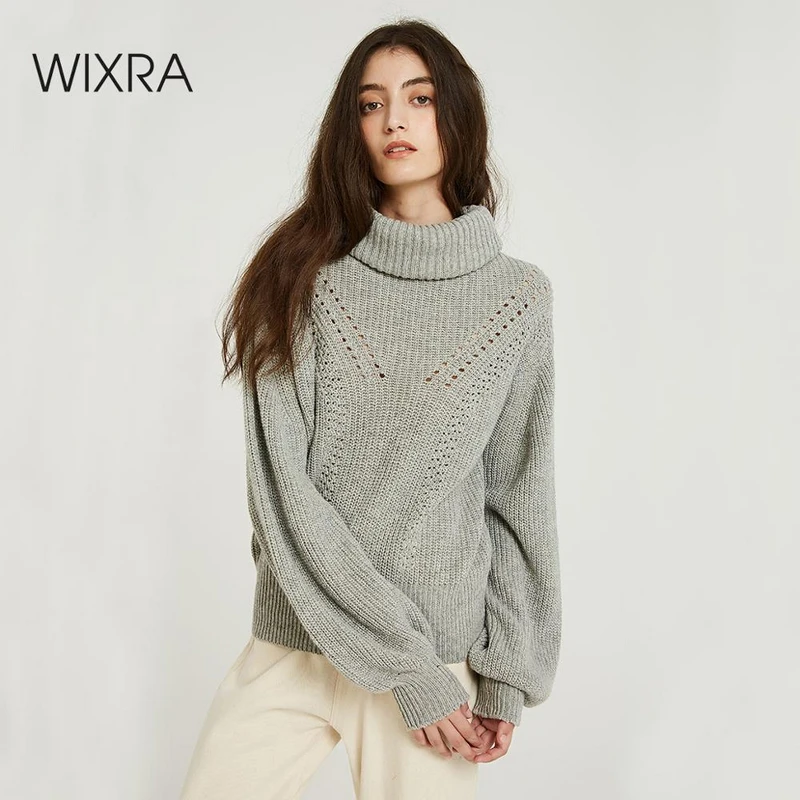 Свитера Wixra Твердые теплые водолазки Повседневная женская вязаный свитер с