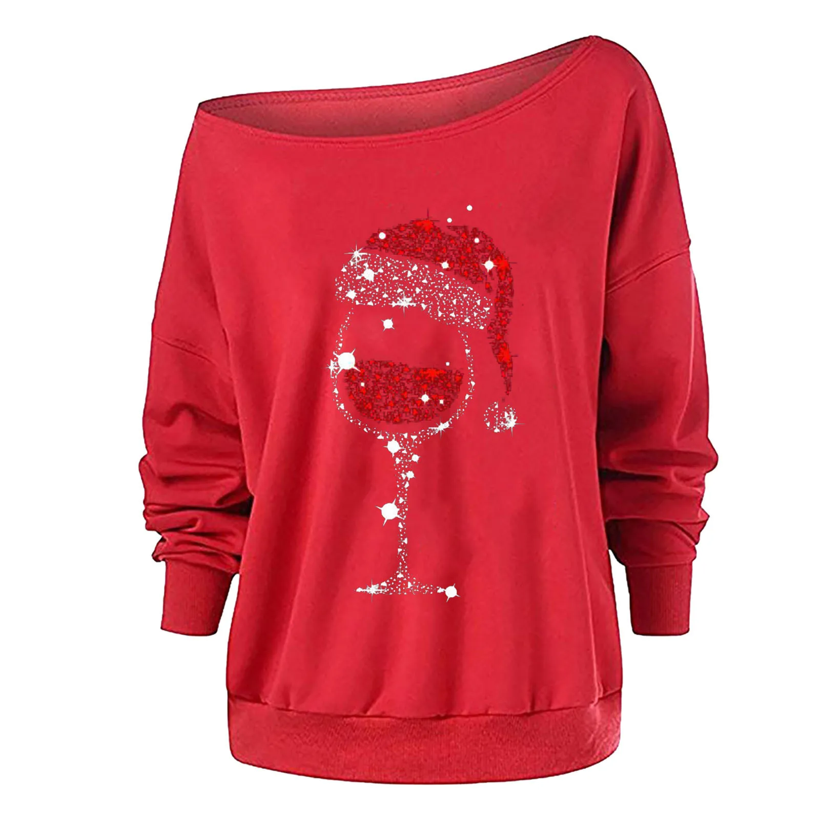 

Fashion Women's Hoodie Casual Skew Collar Christmas Shiny Print Long Sleeve Pullover Top Blusa Autumn Harajuku Aesthetic Clothes