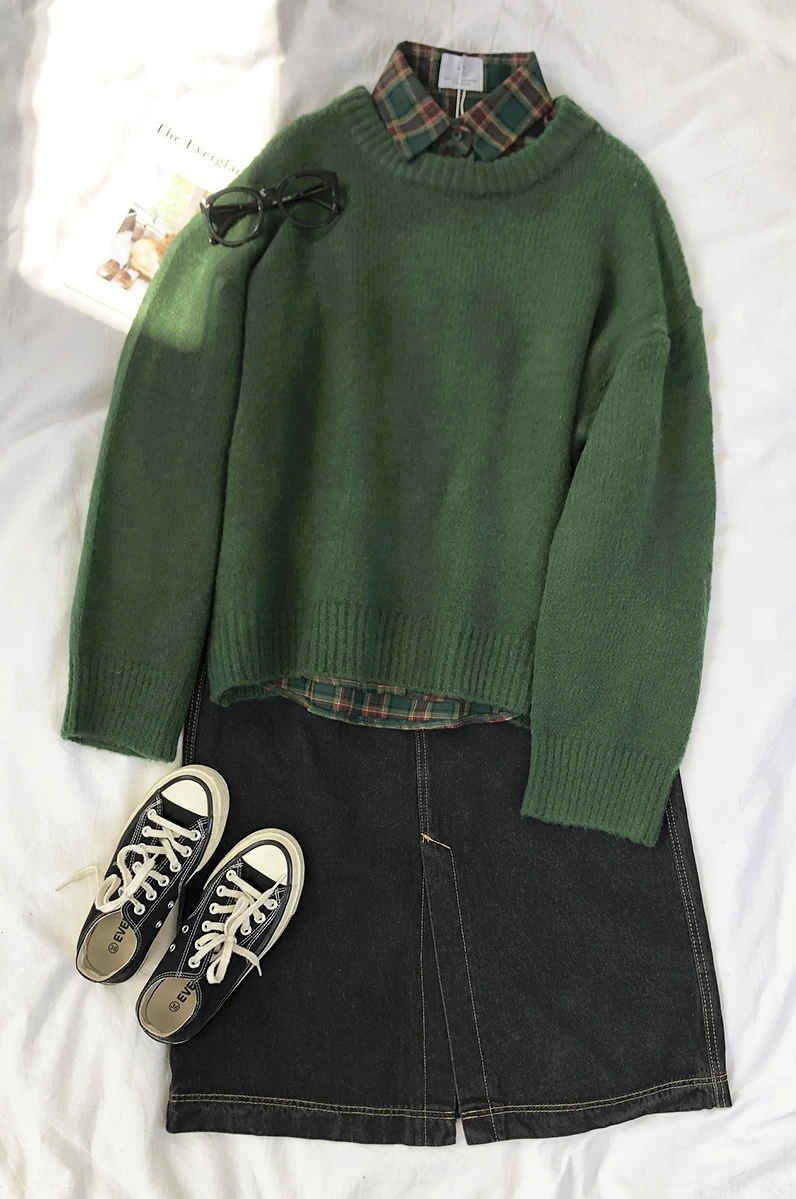 

Mooirue Dark Green Round Neck Pullover Sweater Long Sleeve Warm Autumn Pullovers Jumper
