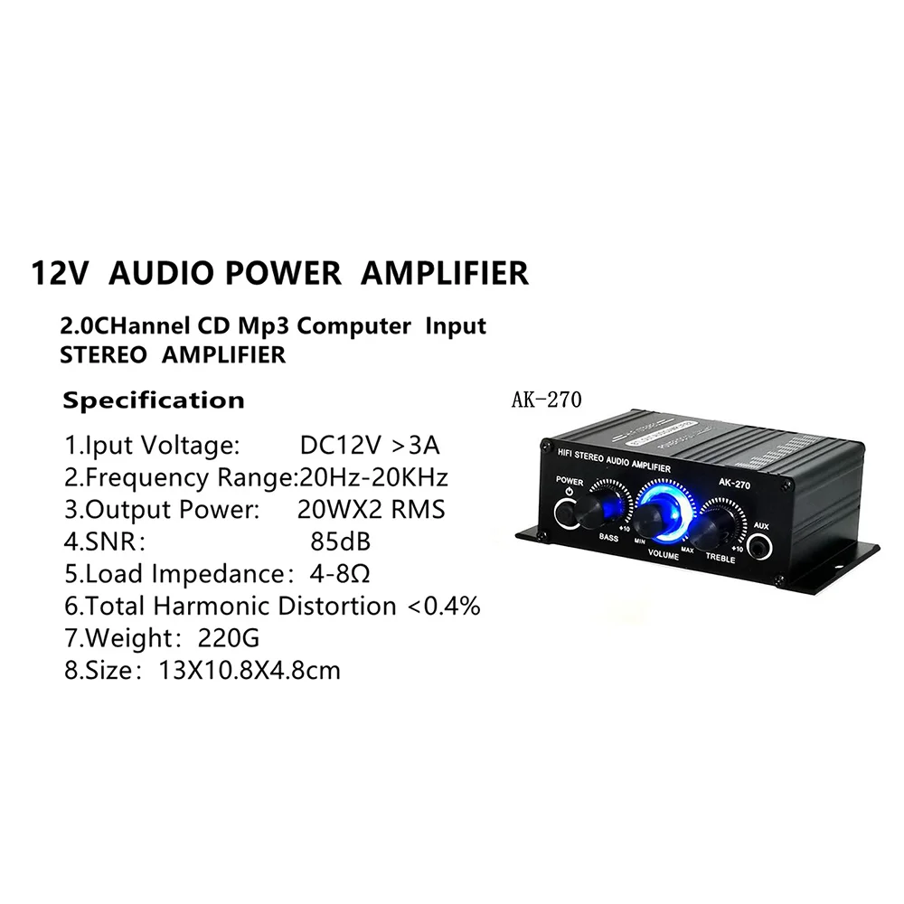 AK270 усилитель мощности аудио караоке Домашний кинотеатр 2 канала HIFI Поддержка FM AUX