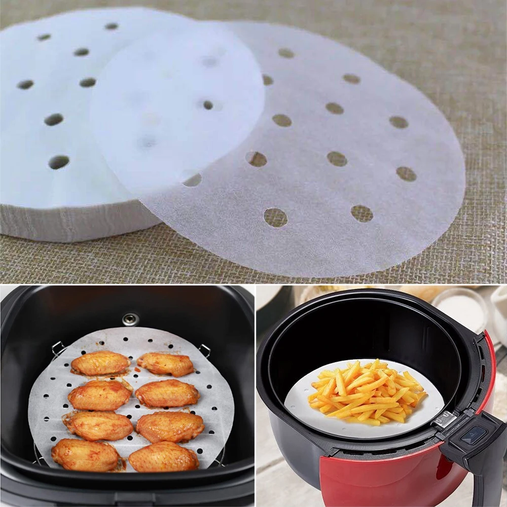 

100Pc 7/8/9 Inch Air Fryer Steamer Liners Premium Perforated Wood Pulp Papers Non-Stick Steaming Basket Mat Baking Cooking Tools