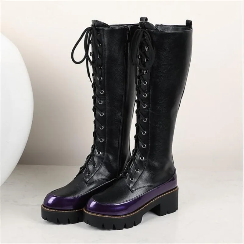 

2021 New arrival brand boots women lace up round toe platform knee high boots fashion Serpentine womens boots female