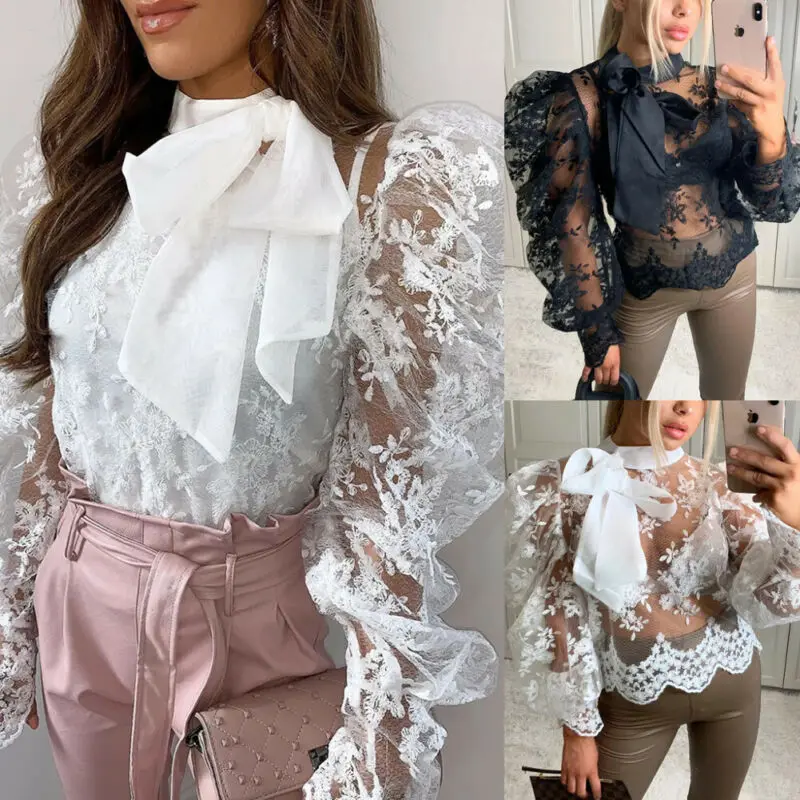 Женская прозрачная блузка с длинными рукавами-фонариками и бантом | одежда