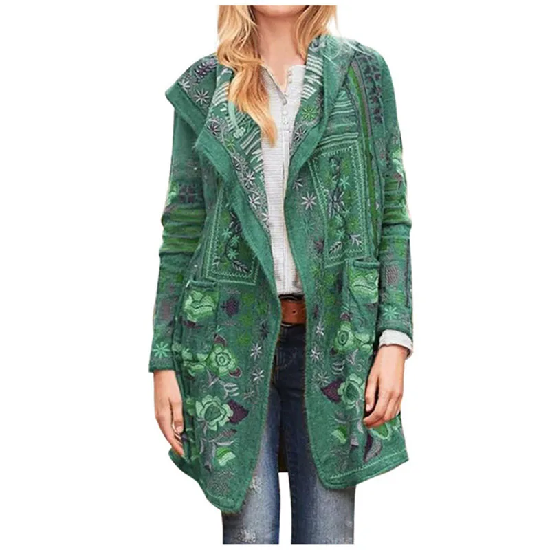

Jacket Women Vintage Fashion Long Sleeve Flower Cardigan Folk-custom Pocket Casual Long Outwear Plus Size Clothes Manteau Femme