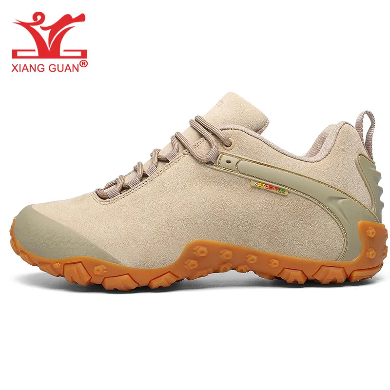 XIANG GUAN Hiking Shoes Men Women Waterproof Cow Leather Sandy Black Low Outdoor Rock Climbing Mountain Tourism Trekking Sneaker