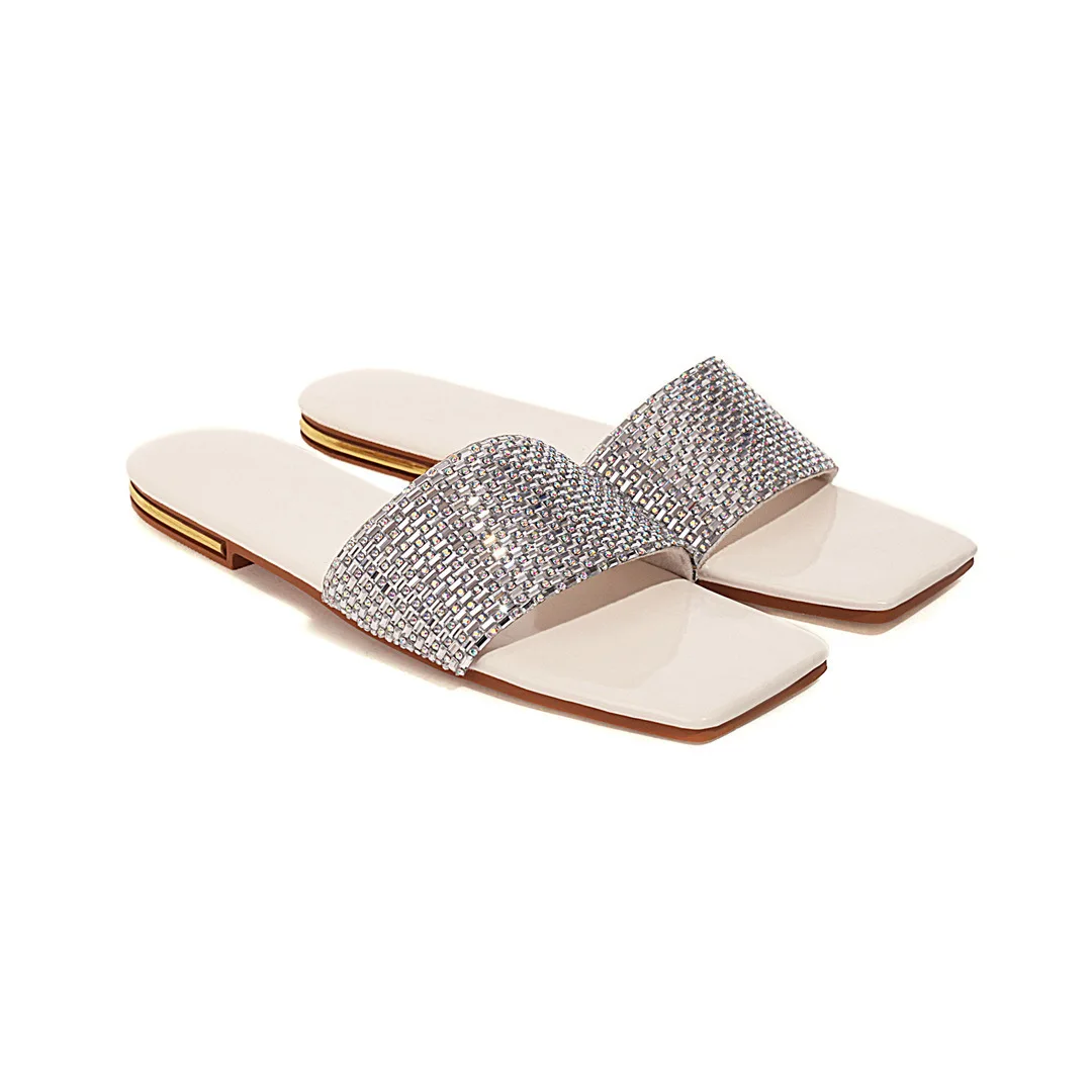 

Female Shoes Big Size Slippers Flat Glitter Slides 2021 Jelly Crystal Rubber Basic Fabric PU Fretwork Scandals Shoes Ladies' Sli