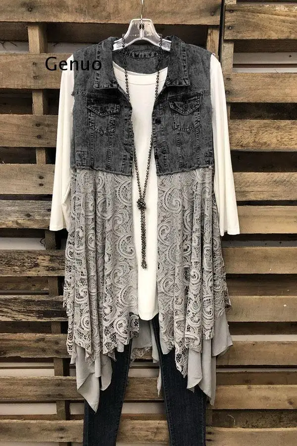 Женская куртка на весну и лето универсальный джинсовый жилет с кружевным подолом