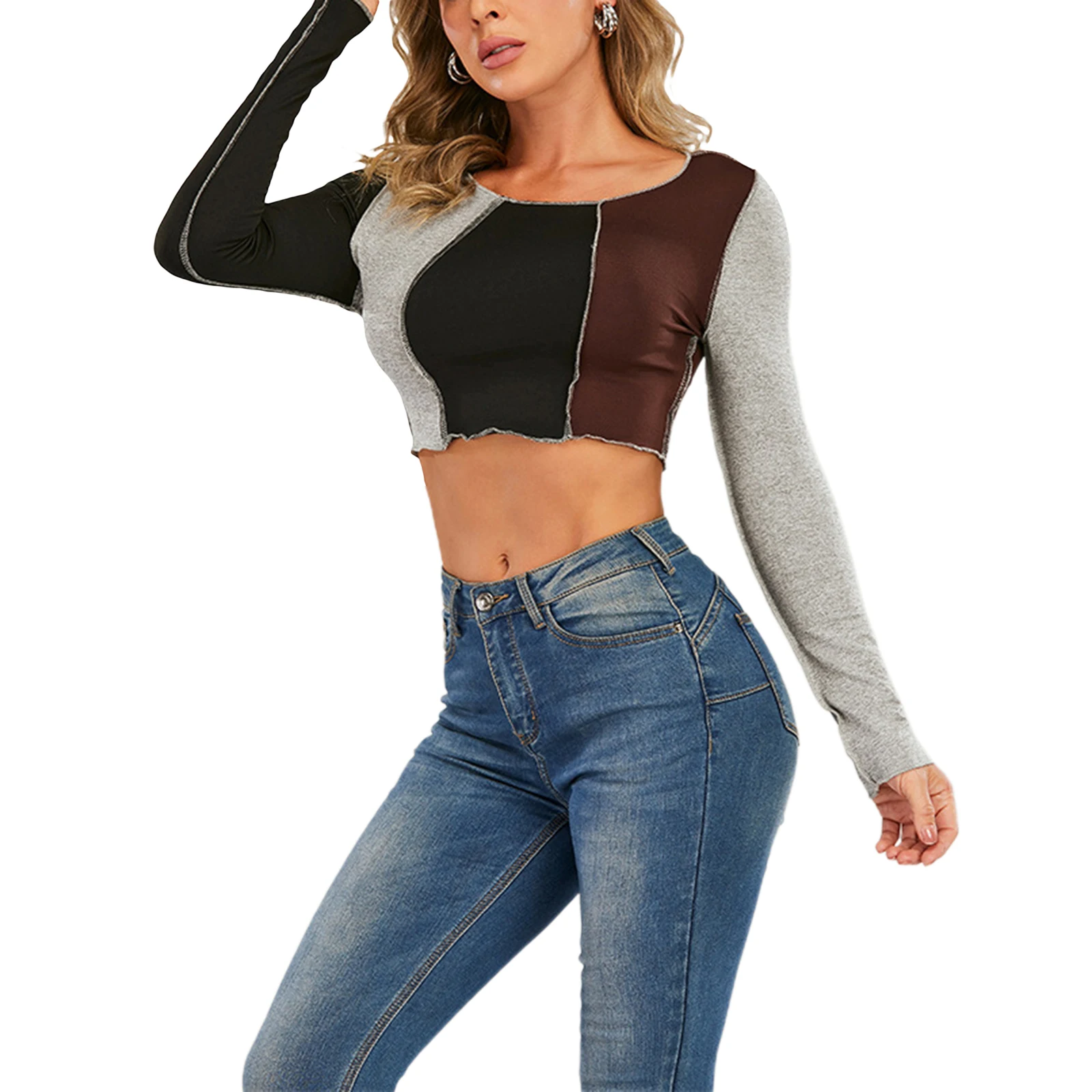 

Women Patchwork Crop Tops, Casual Long Sleeve Scoop Neck Color Block Stretchy Blouses