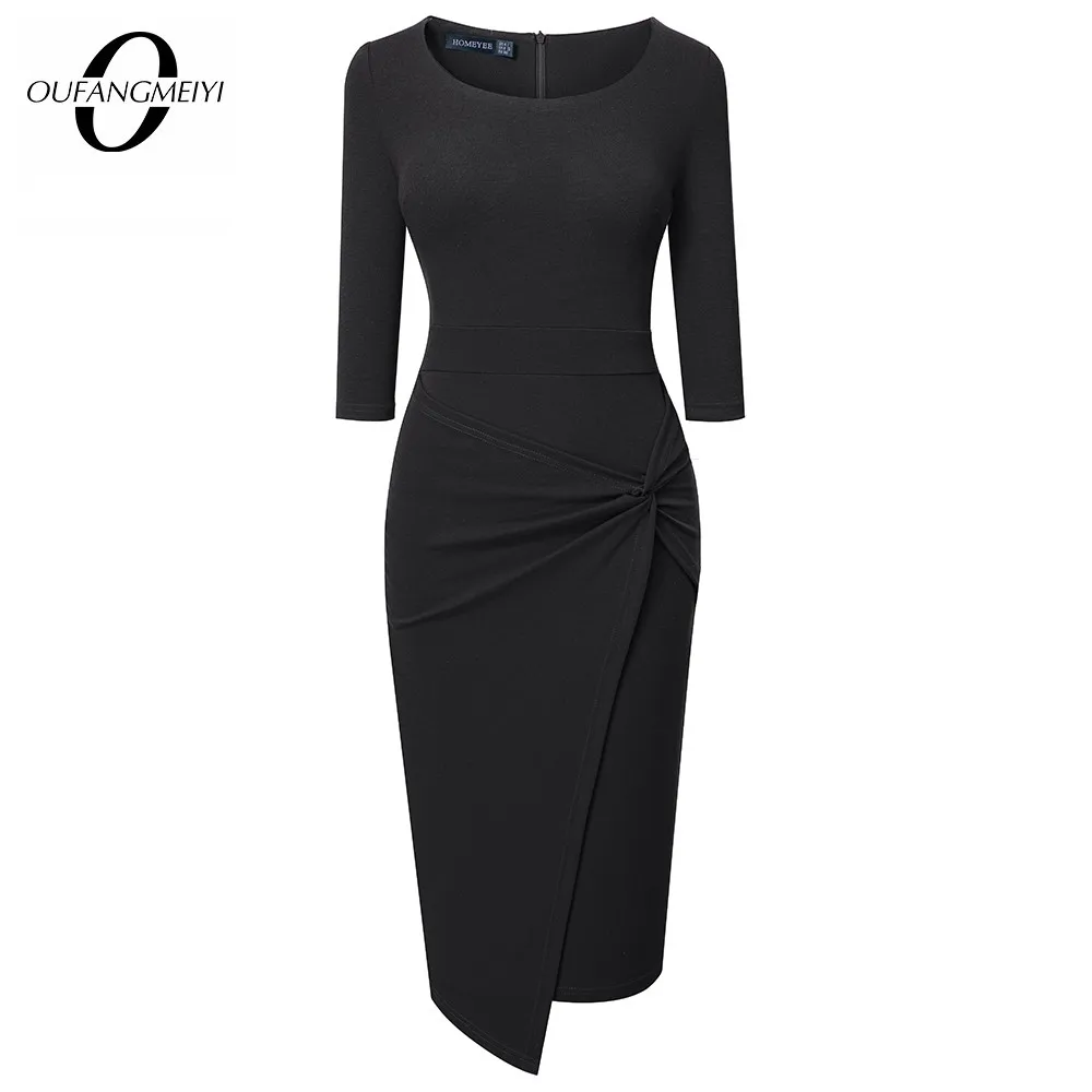 Women Elegant Charming Pure Color 3/4 Sleeve Scoop Neck Knotted Bodycon Pencil Dress EB683