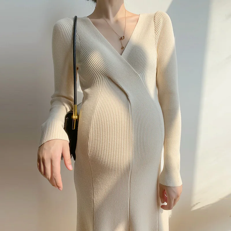 

Осеннее трикотажное платье с V-образным вырезом для беременных женщин платья для фотосъемки Одежда для беременных однотонный костюм из чес...