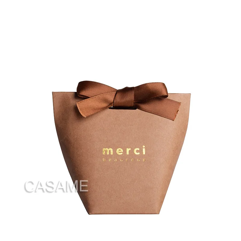small Brown Merci 6 шт. черная белая крафт-бумага, сумка бронзовая французская "Мерси", подарочная упаковка, сувенир для свадебной вечеринки, конфетные пакеты с лентой - Цвет: small Brown Merci