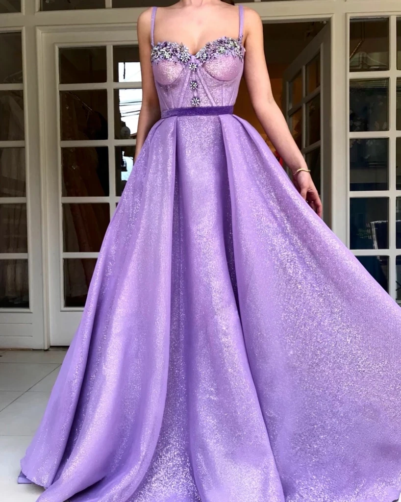 

Lavender Moroccan Evening Dresses A-line Spaghetti Straps Sequins Beaded Long Turkey Dubai Saudi Arabia Prom Dress Gown
