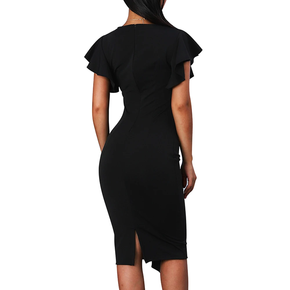 Женское платье с оборками на рукавах элегантное черное облегающее для свадебной