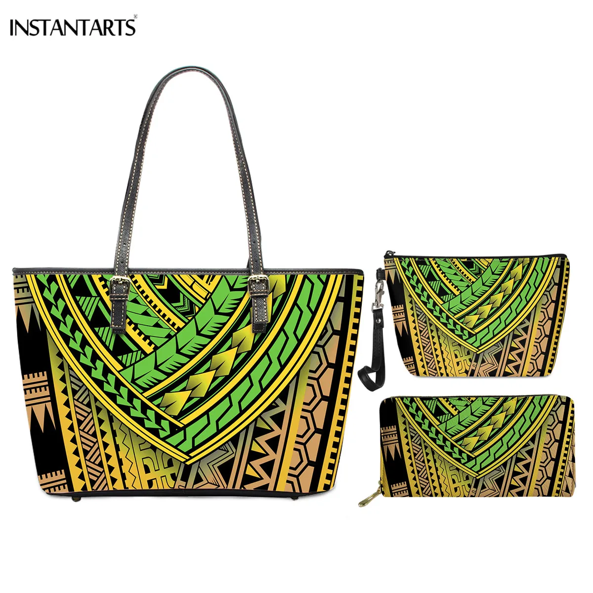 

INSTANTARTS Polynesian Tribe Art Pattern Women Shoulder Bag Leather Top-Handbag PU Tote Handbag 3pcs with Makeup Case Wallet