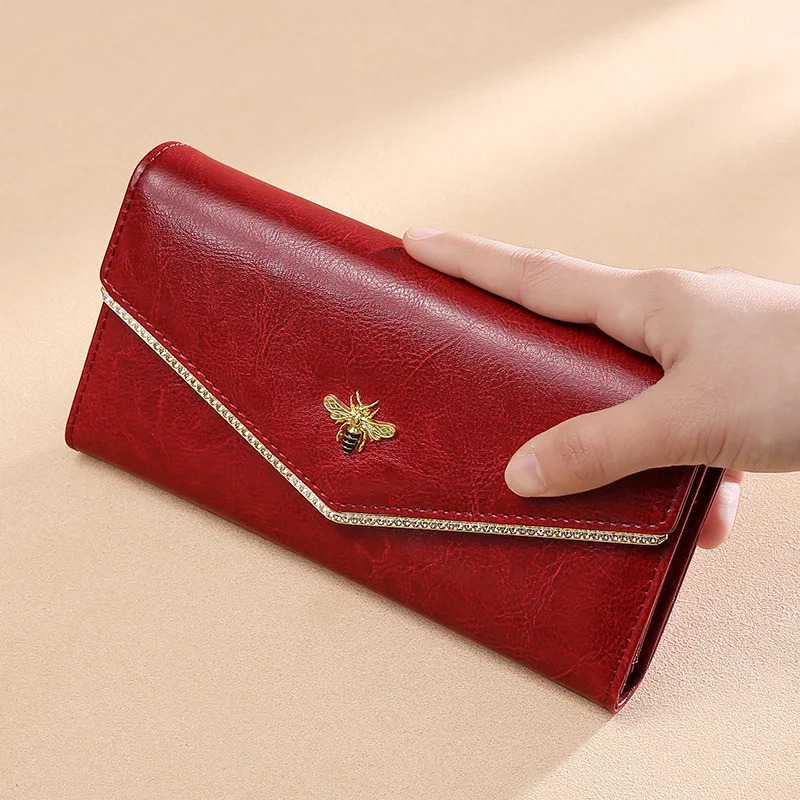 

Genuine Cow Leather Long Style Double Transparent Photo I D Card Windows Slot Bee Decoration Fashion Vintage Wallet