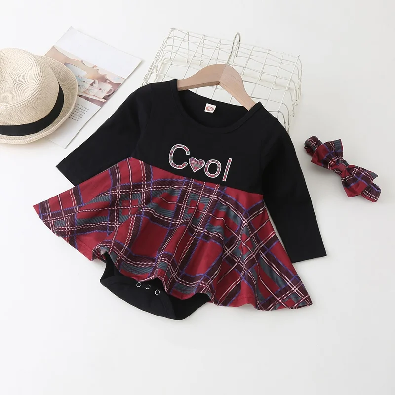 

Fashion Baby Girl Romper Letter Patchwork Plaid Long Sleeve Baby Girl Jumpsuit Dress Party Baby Girl Clothes Winter Fall 0-18M