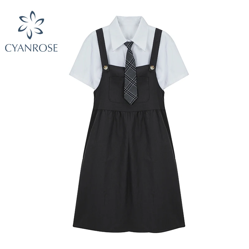 

Women Preppy Style 2 Piece Set 2021 Summer Short Sleeve Cotton White Shirt With Tie And Black Knee-Length Suspender Dress Female